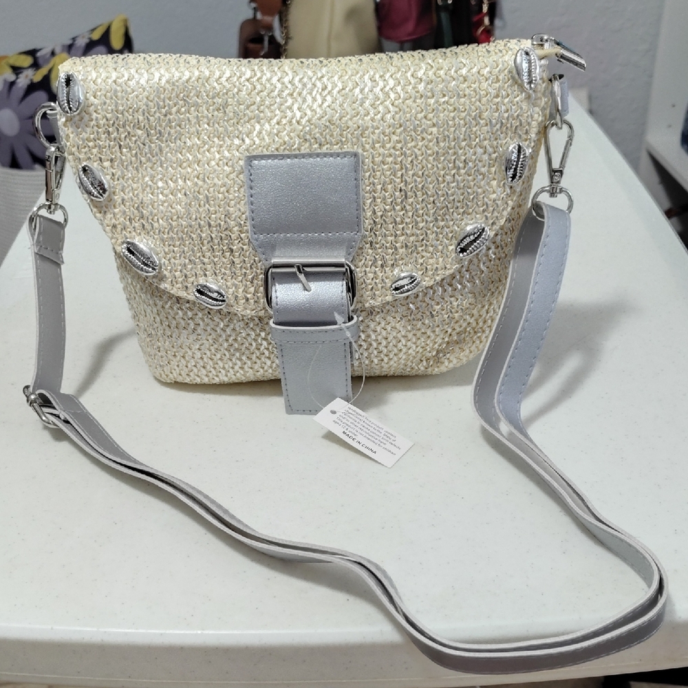 Brand New Woven Straw Crossbody Bag with Silver Trim